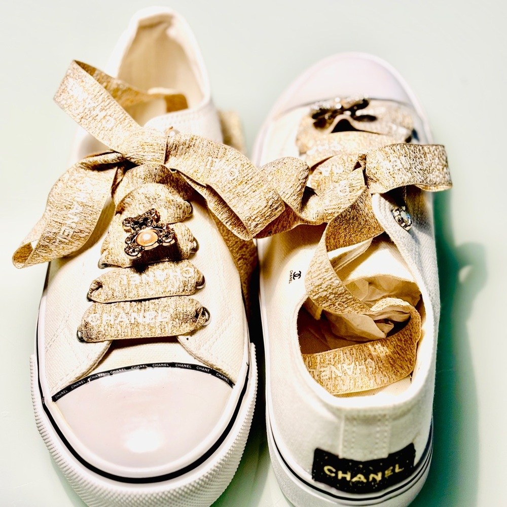 CHANEL Tweed Sneakers with Pearl Detail